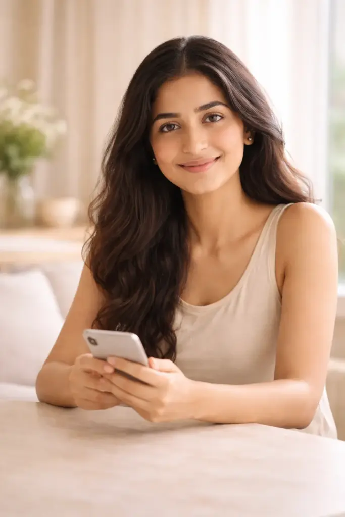 smiling woman in bright living room smiling woman in bright living room